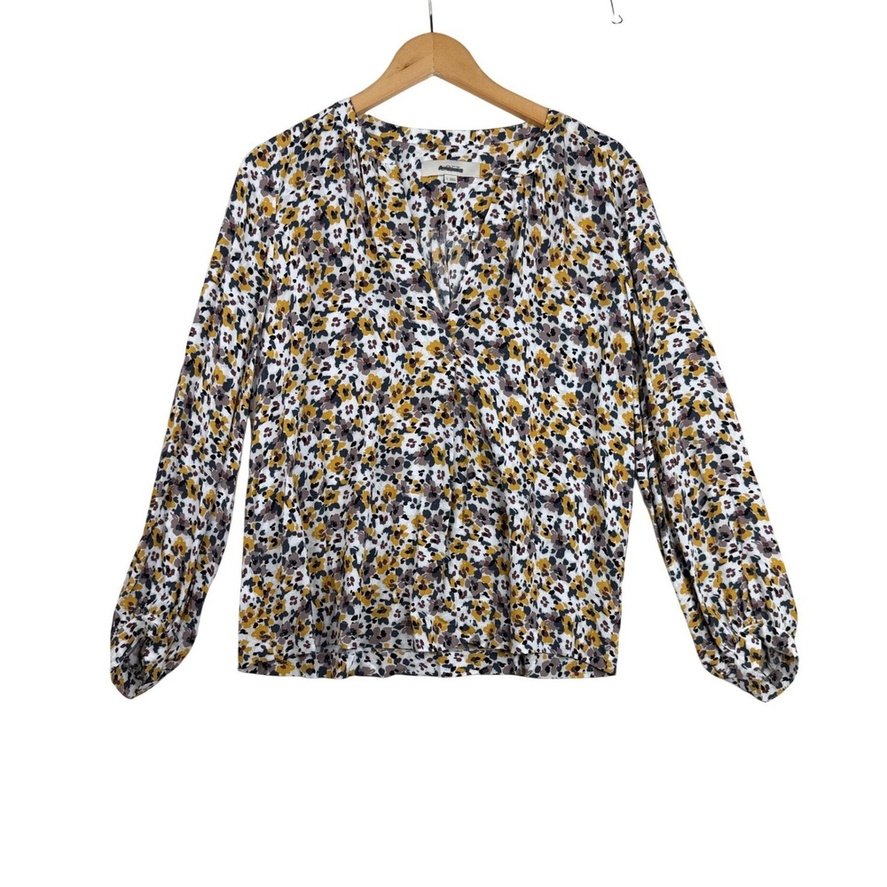 Loft Floral Print Long Sleeve Blouse‎ size Small White/Yellow